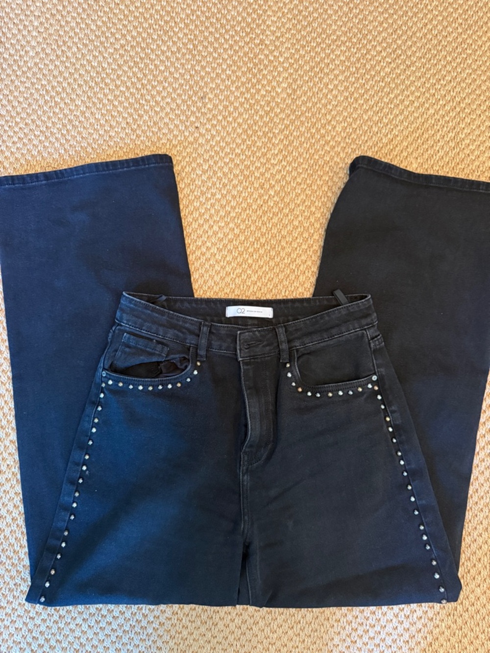 Q2 Black High-Rise Wide Leg Jeans with Stud Trim